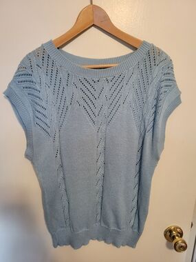 Light Blue Open-Stitch Crewneck Sweater Top